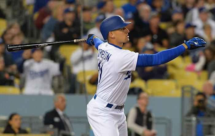 May 10, 2016; Los Angeles, CA, USA; Los Angeles Dodgers center fielder Trayce Thompson (21) hits a walk off home run in the ninth inning of the game against the New York Mets at Dodger Stadium. Dodgers won 3-2. Mandatory Credit: Jayne Kamin-Oncea-USA TODAY Sports